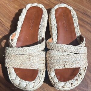 Robert Clergerie Natural Raffia Braided Slide Sandals with Tan Leather Insole